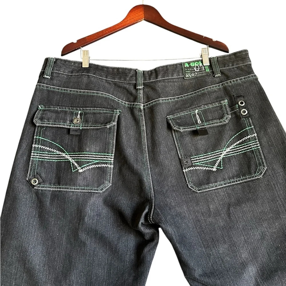 ATTITUDE GOLD MEN’S JEANS GREEN STICH Y2K PNTS SZ 44/32 - Picture 5 of 16